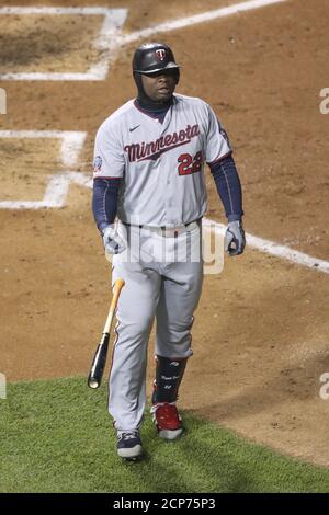 Chicago, United States. 18th Sep, 2020. Minnesota Twins' Miguel Sano (22) reacts after striking out against the Chicago Cubs in the fourth inning at Wrigley Field on Friday, September 18, 2020 in Chicago. Photo by Kamil Krzaczynski/UPI Credit: UPI/Alamy Live News Stock Photo