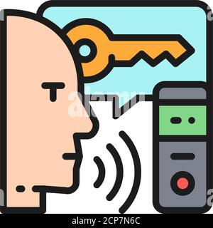 Man speaks key for voice assistance system, speech recognition color line icon. Stock Vector