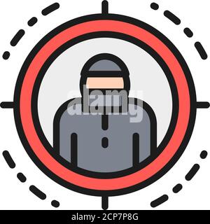 Criminal in sniper scope, target for shooting flat color line icon. Stock Vector