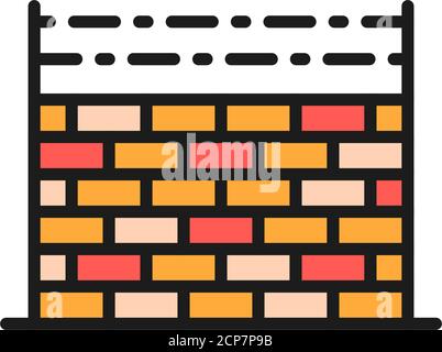 Fence with barbed wire, prison wall flat color line icon. Stock Vector