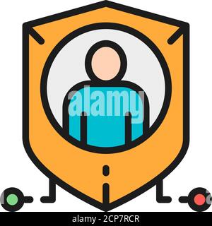 Shield with person, personal protection, privacy flat color line icon. Stock Vector