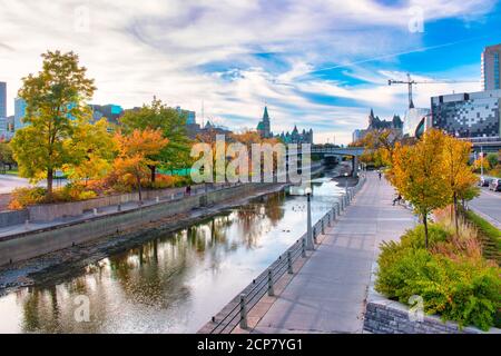 Beautiful view of Parliament Hill and Fairmount Hotel from Rideau Canal in autumn Stock Photo