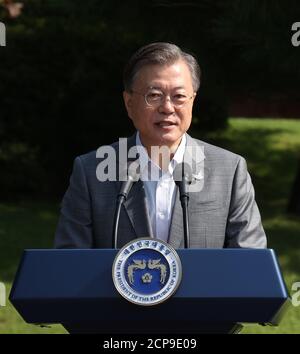 Seoul, South Korea. 19th Sep, 2020. Moon gives speech at Youth Day event President Moon Jae-in delivers a speech at the inaugural Youth Day event at Cheong Wa Dae in Seoul on Sept. 19, 2020. Also present at the event was K-pop boy band BTS. Credit: Yonhap/Newcom/Alamy Live News