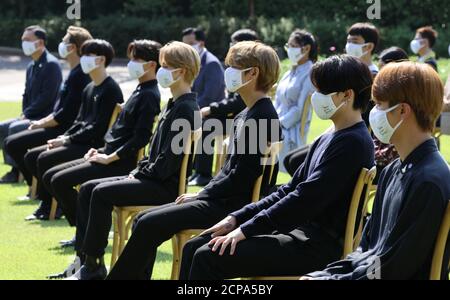 Seoul, South Korea. 19th Sep, 2020. BTS at Youth Day event The members of K-pop boy band BTS listen to President Moon Jae-in's commemorative address at the inaugural Youth Day event at the presidential office Cheong Wa Dae in Seoul on Sept. 19, 2020. Credit: Yonhap/Newcom/Alamy Live News