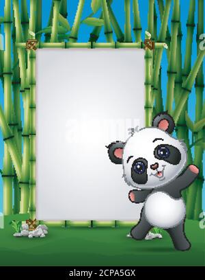Vector illustration of Cartoon panda standing on a bamboo frame Stock Vector