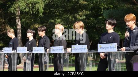 Seoul, South Korea. 19th Sep, 2020. BTS at Youth Day event Jin (R), a member of K-pop boy band BTS, delivers a speech during the inaugural Youth Day event at the presidential compound Cheong Wa Dae in Seoul on Sept, 19, 2020. Credit: Yonhap/Newcom/Alamy Live News