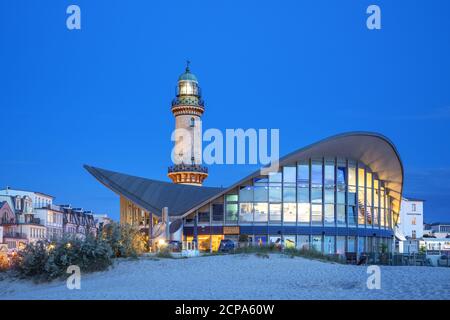 View from the beach to the lighthouse and Teepott in Warnemünde, Hanseatic City of Rostock, Baltic Sea Coast, Mecklenburg-Western Pomerania, Northern Stock Photo