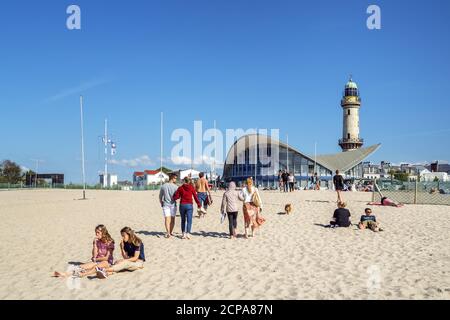 View from the beach to the lighthouse and Teepott in Warnemünde, Hanseatic City of Rostock, Baltic Sea Coast, Mecklenburg-Western Pomerania, Northern Stock Photo