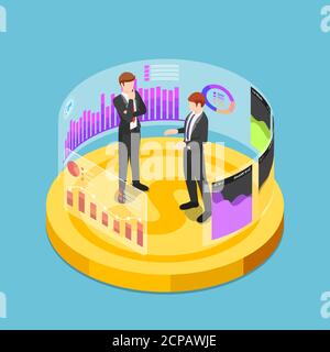 Flat 3d isometric business people standing on dollar coin and analyse business graph chart. Business analysis and financial concept. Stock Vector