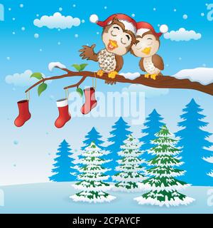 Christmas couple owls on the tree branch with socks in winter Stock Vector
