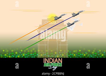 Vector Illustration of Indian Air Force Day observed on October 8. Banner with fighter plane and air pilot walking away from it. Stock Vector