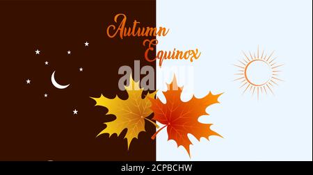 Autumn equinox vector illustration. September 22. Concept design with maple leafs in darker and lighter color. Crescent with stars and sun. Stock Vector