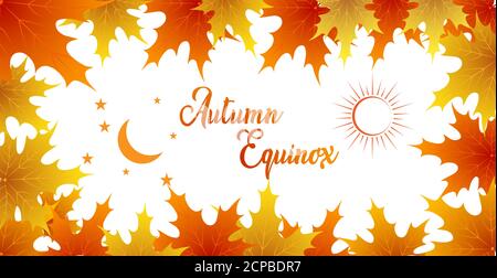 Autumn equinox vector illustration. September 22. Concept design with maple leafs in darker and lighter color. Crescent with stars and sun. Stock Vector