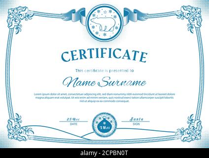 Vintage Chrismtas certificate. Polar bear and Christmas bag in stamps,Blue border on white background. Stock Vector
