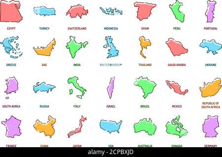 Countries color line icons set. Different world countries from all continents. Pictogram for web page, mobile app, promo. UI UX GUI design element Stock Vector