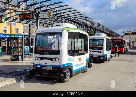 Autonomous electric buses in regular service, Monheim am Rhein, North Rhine-Westphalia, Germany Stock Photo