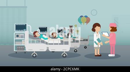 Pediatrics ward with doctor and patients flat design vector illustration Stock Vector