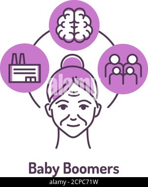 Generation baby boomers color line icon on violet background. Lifestyle: factory work, large family Stock Vector