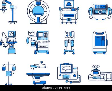 Medical devices line color icons set. MRI, anesthesia machine, syringe pump, dropper, defibrillator, Signs for web page, mobile app. Stock Vector