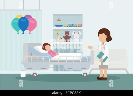 Pediatrics ward with doctor and patient flat design vector illustration Stock Vector