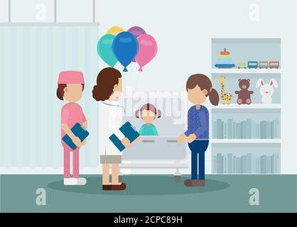 Pediatrics ward with doctor and patient flat design vector illustration Stock Vector