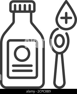Bottle of medical syrup line black icon. Medical mixture in spoon and container. Treatment infectious diseases, colds, flu, cough. Sign for web page Stock Vector