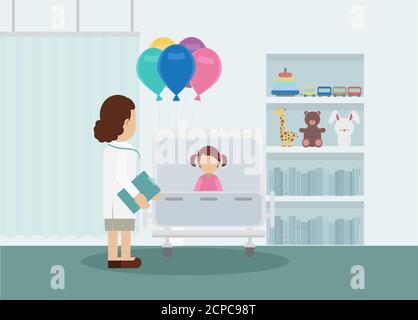 Pediatrics ward with doctor and patient flat design vector illustration Stock Vector