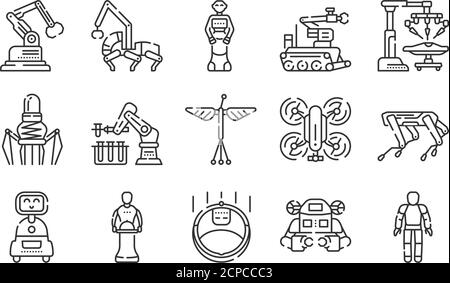 Robots black line icons set. Innovation in technology. Assistants for people in different industries. Sign for web page, app. UI UX GUI design element Stock Vector