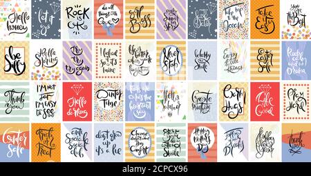Big hand drawn calligraphic card set. Vector illustration. Collection of flyers, brochures, templates. Design of scandinavian cards with lettering, pa Stock Vector