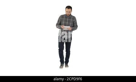 One guy holding and using one white tablet on white background. Stock Photo