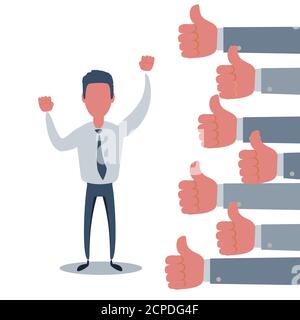 Happy and proud businessman with many thumbs up hands. Stock Vector