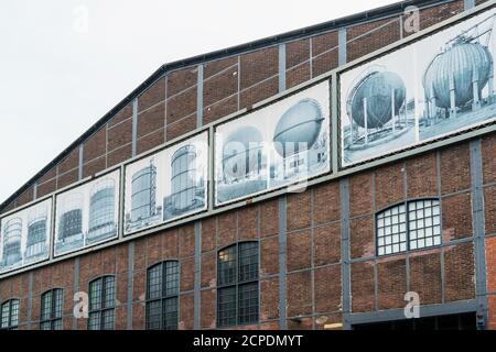 Duisburg, Landschaftspark Nord, former iron and steel works, power station, facade with picture installations by Bernd and Hilla Becher Stock Photo
