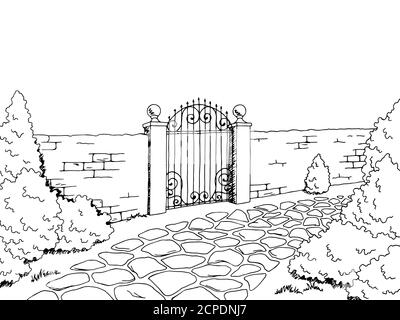 Wall fence gate landscape graphic black white sketch illustration vector Stock Vector