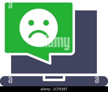 Laptop with sad face in chat bubble colored icon. Dislike, upset customer, negative feedback, online message symbol Stock Vector