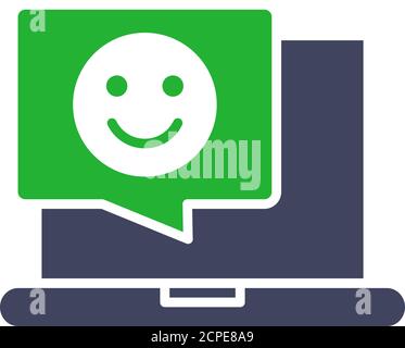 Laptop with happy face in chat bubble colored icon. Customer satisfaction, positive feedback, online message symbol Stock Vector