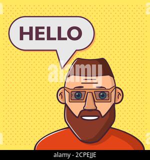 Chatbot concept. Businessman speaks hello. A guy with a beard and glasses. Stock Vector