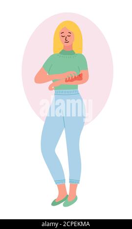 young woman combs one hand with the other. Sad and tired expression on his face. The girl suffers from itching and flaking of the skin. Atopic Stock Vector