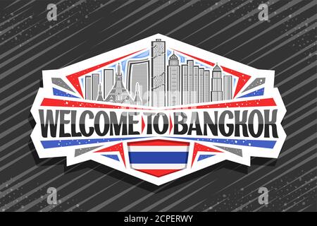 Vector logo for Bangkok, white decorative badge with line illustration of modern bangkok city scape on day sky background, tourist fridge magnet with Stock Vector