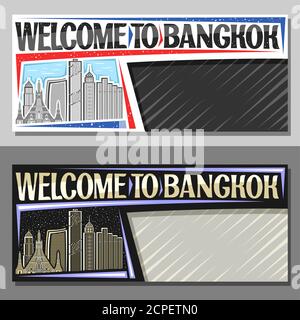 Vector layouts for Bangkok with copy space, decorative voucher with illustration of modern bangkok city scape on day and dusk sky background, art desi Stock Vector