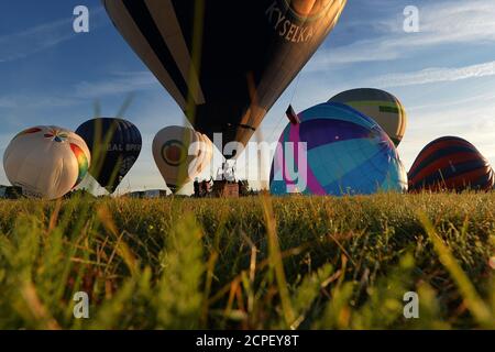 Mlada Boleslav, Czech Republic. 19th Sep, 2020. Hot air balloons fly from Mlada Boleslav Airport on the week that will see the 18th Czech Hot-air Balloons Festival will take place in Bela pod Bezdezem (70 kilometers north of Prague), as balloonists from Czech Republic and Germany gather at what is the next balloon event in this year in the Czech Republic. Credit: Slavek Ruta/ZUMA Wire/Alamy Live News Stock Photo