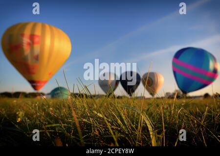 Mlada Boleslav, Czech Republic. 19th Sep, 2020. Hot air balloons fly from Mlada Boleslav Airport on the week that will see the 18th Czech Hot-air Balloons Festival will take place in Bela pod Bezdezem (70 kilometers north of Prague), as balloonists from Czech Republic and Germany gather at what is the next balloon event in this year in the Czech Republic. Credit: Slavek Ruta/ZUMA Wire/Alamy Live News Stock Photo