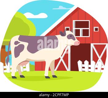 Cow in the meadow. Farm with barn and animals. Stock Vector