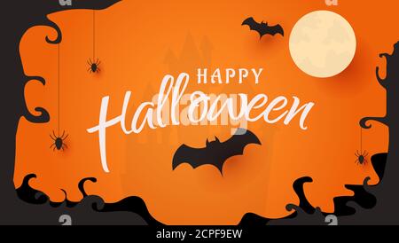 Happy Halloween party decoration with bat, spider web, full moon and dark tree border concept paper cut style background vector illustration Stock Vector