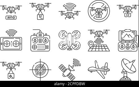 Drone automatic unmanned control black line icons set. Aircraft devices concept. Delivery service. Remote controller, military drone, satellite, radar Stock Vector