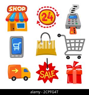 illustration of the set shopping and sale icons in a cartoon style Stock Vector