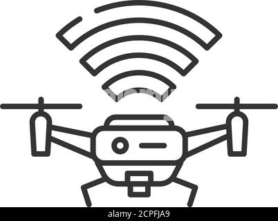 Drone quadrocopter with radio waves black line icon. Aircraft device concept. Unmanned control. Delivery service. Sign for web page, mobile app Stock Vector