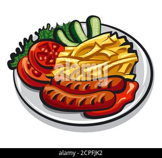 illustration of the grilled sausages with french fries and salad on the plate Stock Vector