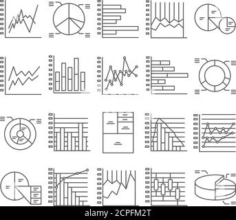 Graph and Diagram line black icons set. Including clustered column, stacked, bar, line, marked, area, pie, 3D, doughnut, sunburst, histogram, pareto Stock Vector