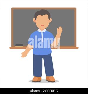 Children boy character student confidence stand in front blackboard white isolated background with flat color style Stock Vector