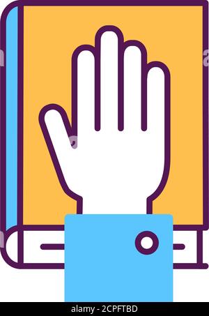 Give oath line color icon. Palm on Holy Bible. Judiciary concept. Sign for web page, mobile app, button, logo. Stock Vector